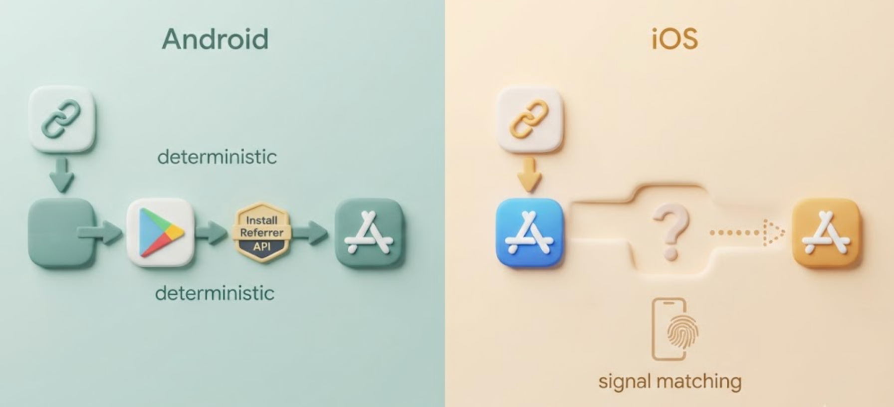 Android Play Install Referrer resolves the install gap deterministically while iOS has no equivalent first-party channel
