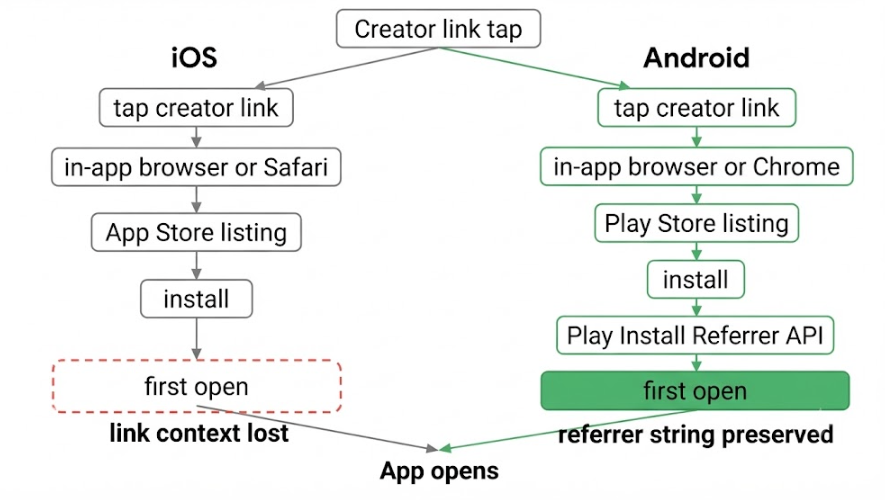 Flow comparing how a creator link reaches an app on iOS and on Android, showing the install gap and the Android install referrer